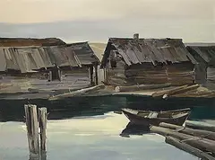 Tinyan Chan, Untitled - Waterfront Shacks, oil on canvas