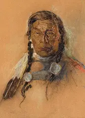 Nicholas Raphael de Grandmaison, Untitled - Portrait of a Man with Braids and Feather, 1942, pastel on sandpaper
