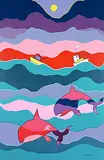 Ted Harrison, Playing Whales, 1990, acrylic on canvas