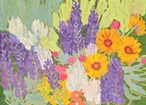 Mary Spice Kerr, Lupins and Susans, 1978, oil on wood panel