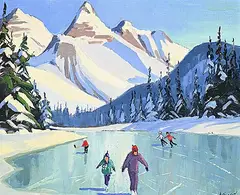 Anthony Law, Grandchildren Skating in the Rockies, 1994, oil on wood panel