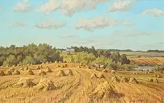 Ernest Luthi, Oat Stooks in Charlie Garbutts II, 1976, acrylic on canvas board