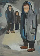 Boys in Winter by Wynona Croft Mulcaster, 1950, oil on wood board, sold Nov 2025