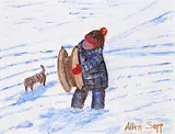 Allen Sapp, Untitled - Little Fellow Going Sledding, acrylic on canvas