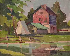 Mildred Valley Thornton, Untitled - Farm House, oil on paper board