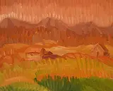 Lowrie Lyle Warrener, Heat, Hayfield, Skeena Valley, B.C., 1931, oil on wood panel