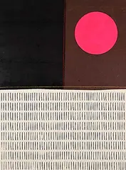 Aron Hill, Pink Sun, Yellow Line with Many Marks, 2025, embroidery and dye on canvas