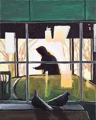 Jonathan Wolfe, Train Station Sunrise, 2025, acrylic and oil pastel on canvas