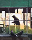 Jonathan Wolfe, Train Station Sunrise, 2025, acrylic and oil pastel on canvas