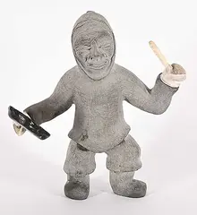 Lucas Aaluk, Untitled - Bang the Drum; Drum Dancer, bone and stone carving