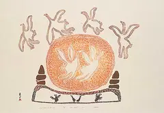 Pitseolak Ashoona, Snow Geese at Sun Set #9/50, 1973, colour stonecut on paper