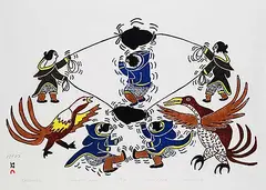 Sorosiluto Ashoona, Kaliviktato [Skipping] #49/50, 1976, colour stonecut and stencil on paper