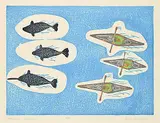 Jolly Atagooyuk, Narwhale + Kayaks, 1991, colour relief print on paper