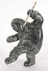 Simeeonie Killiktee, Untitled - Balancing Hunter, 2008, green stone and bone carving