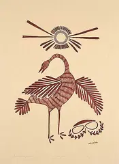 Agnes Nanogak, Crane and Sun #5/50, 1974, colour stonecut on paper