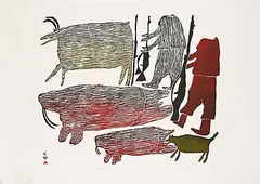 Parr, Hunters of Old #11/50, 1971, colour stonecut on paper