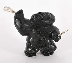 Wayne Puqiqnak, Untitled - Hunter with Club, black stone and bone carving