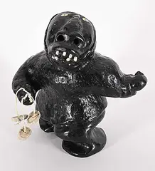 Wayne Puqiqnak, Untitled - Inuit Warrior with Bolas, black stone and mixed media carving