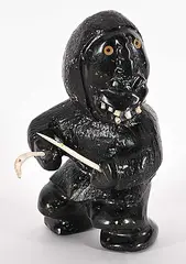 Wayne Puqiqnak, Untitled - Happy Hunting, black stone and mixed media carving