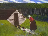 Allen Sapp, Untitled - Grandma Feeding Chickens, acrylic on canvas