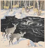 A.C. and Barbara Leighton - Barleigh, Deer, Kananaskis #41/100, colour wood block on paper