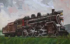 William Roy Brownridge, First Locomotive Built in Transcona Yards 1925 [West of Great Lakes], 1975, acrylic on wood board
