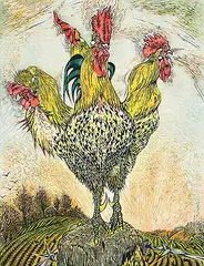 Richard Calver, Rooster #27/50, colour lino block on paper