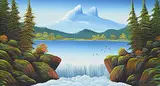 Levine Flexhaug, Untitled - Gulls Above the Falls, oil on wood board