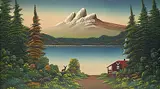Levine Flexhaug, Untitled - Stag Outside the Cabin, oil on wood board
