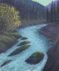 Stan Phelps, Cascading on Toby Creek, 2022, acrylic on canvas