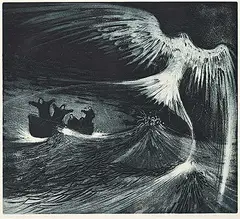 David Blackwood, Lost Party at Sea: The Sign #6/10, 1965, colour etching on paper
