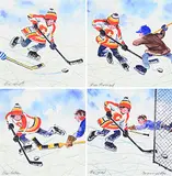 William Roy Brownridge, The Hotshot: The Shift, The Thread, The Deke, The Goal [Quadriptych], watercolour on paper