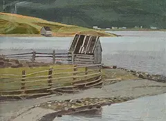 Alan Caswell Collier, Small Stage, Bonnie Bay, Newfoundland, oil on wood board