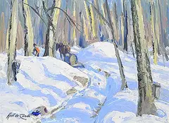 Kent de Conde, Gathering Maple Syrup, oil on wood board