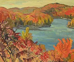 Untitled - Anderson Lake, Warm Fall Day by Naomi Jackson Groves, 1969, oil on wood panel, sold May 2025