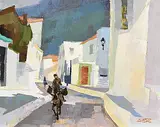 Hilton Macdonald Hassell, Shadows on a Greek Isle [Hydra], acrylic on canvas board
