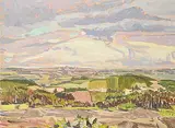 Guenther Heim, Calgary from SW, oil on wood board