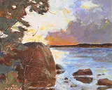 Hans Herold, Lake Waskesiu, 1978, oil on wood board