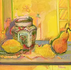 Jacqueline Stehelin, Untitled - Lemon, Jar and Pear, oil on wood board