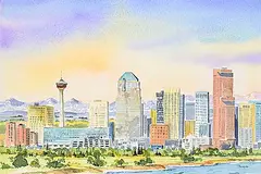 Untitled - Calgary Skyline by Peter J. Thompson, watercolour on paper, sold May 2025