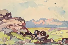 Mildred Valley Thornton, Untitled - Mountain View with Birds, watercolour on paper