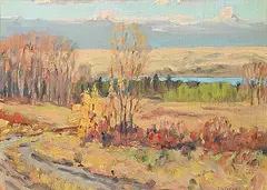 John Davenall Turner, Glenmore Lake from Sarcee Reserve, 1950, oil on wood panel