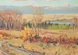 John Davenall Turner, Glenmore Lake from Sarcee Reserve, 1950, oil on wood panel