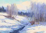Wilda Wolf, Untitled - Winter Stream, oil on canvas board