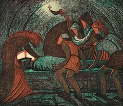 Sybil Andrews, Tenebrae: Station XIV, 1956, colour lino block on paper