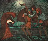 Sybil Andrews, Tenebrae: Station XIV, 1956, colour lino block on paper