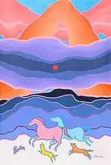 Ted Harrison, Wolves and Horses, 1984, acrylic on canvas