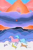 Ted Harrison, Wolves and Horses, 1984, acrylic on canvas