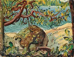Arthur Lismer, Untitled - Trees, Rocks and Water, 1950, oil on wood board
