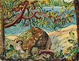 Arthur Lismer, Untitled - Trees, Rocks and Water, 1950, oil on wood board